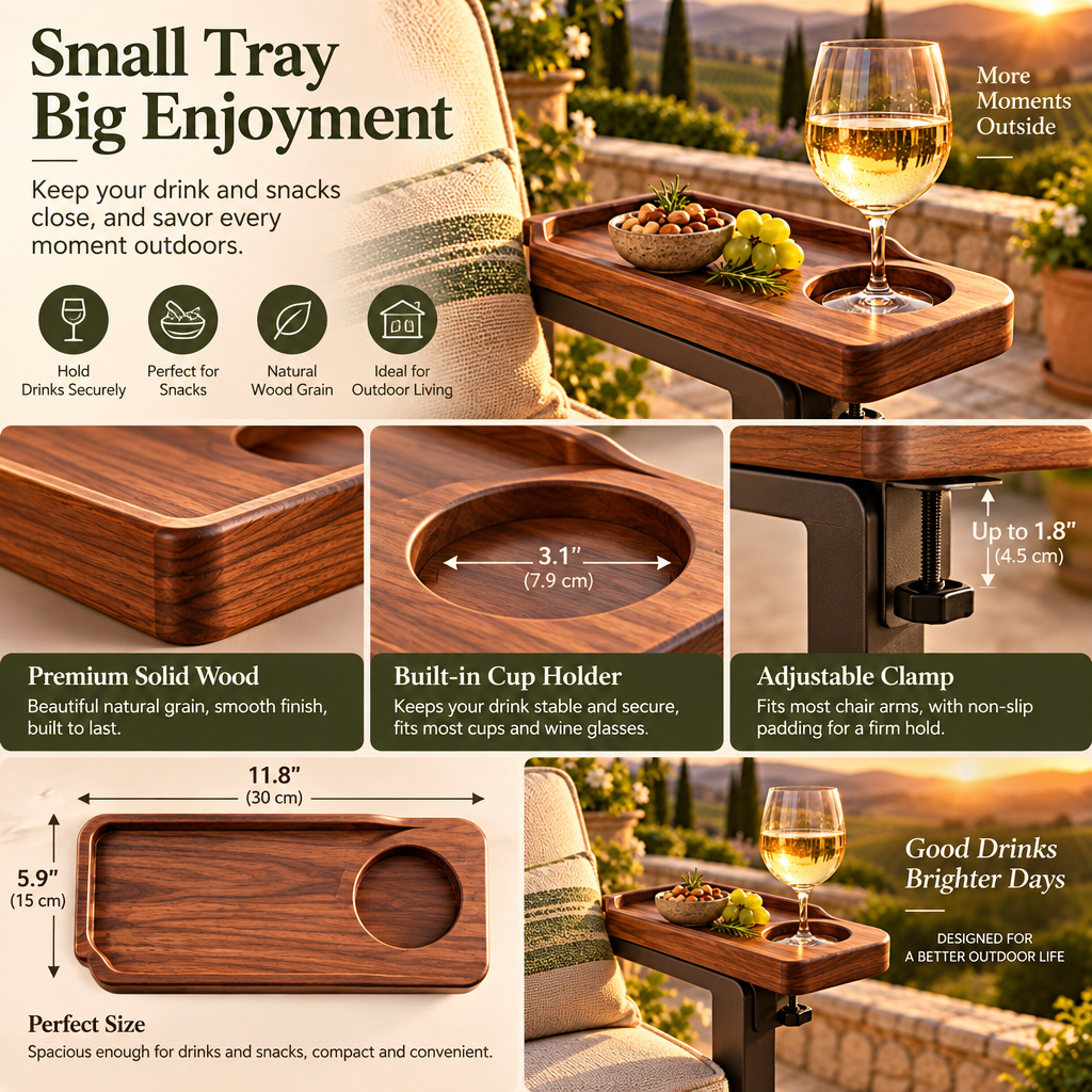 Walnut-Look Patio Armrest Drink Tray — view 2